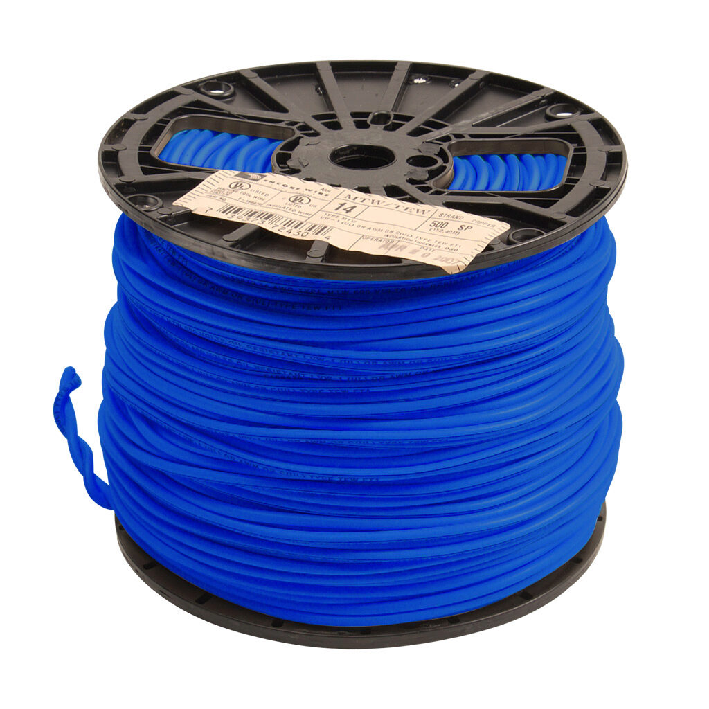 MTW14BL - Atlas Wire MTW hook-up wire, single conductor, 14 AWG, 41-stranded, bare copper, PVC conductor insulation material, blue, 600V, 500ft spool.