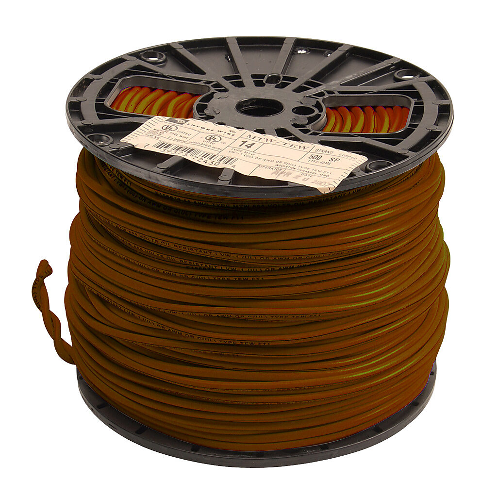 MTW14BN - Atlas Wire MTW hook-up wire, single conductor, 14 AWG, 41-stranded, bare copper, PVC conductor insulation material, brown, 600V, 500ft spool.