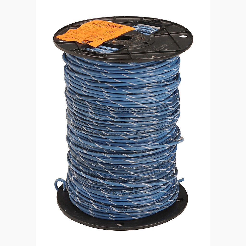 MTW14BW - Atlas Wire MTW hook-up wire, single conductor, 14 AWG, 41-stranded, bare copper, PVC conductor insulation material, blue with white stripe, 600V, 500ft spool.