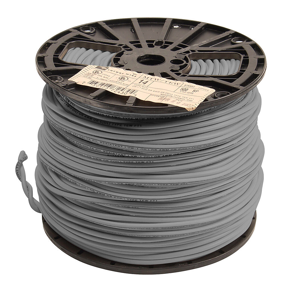 MTW14GY - Atlas Wire MTW hook-up wire, single conductor, 14 AWG, 41-stranded, bare copper, PVC conductor insulation material, gray, 600V, 500ft spool.