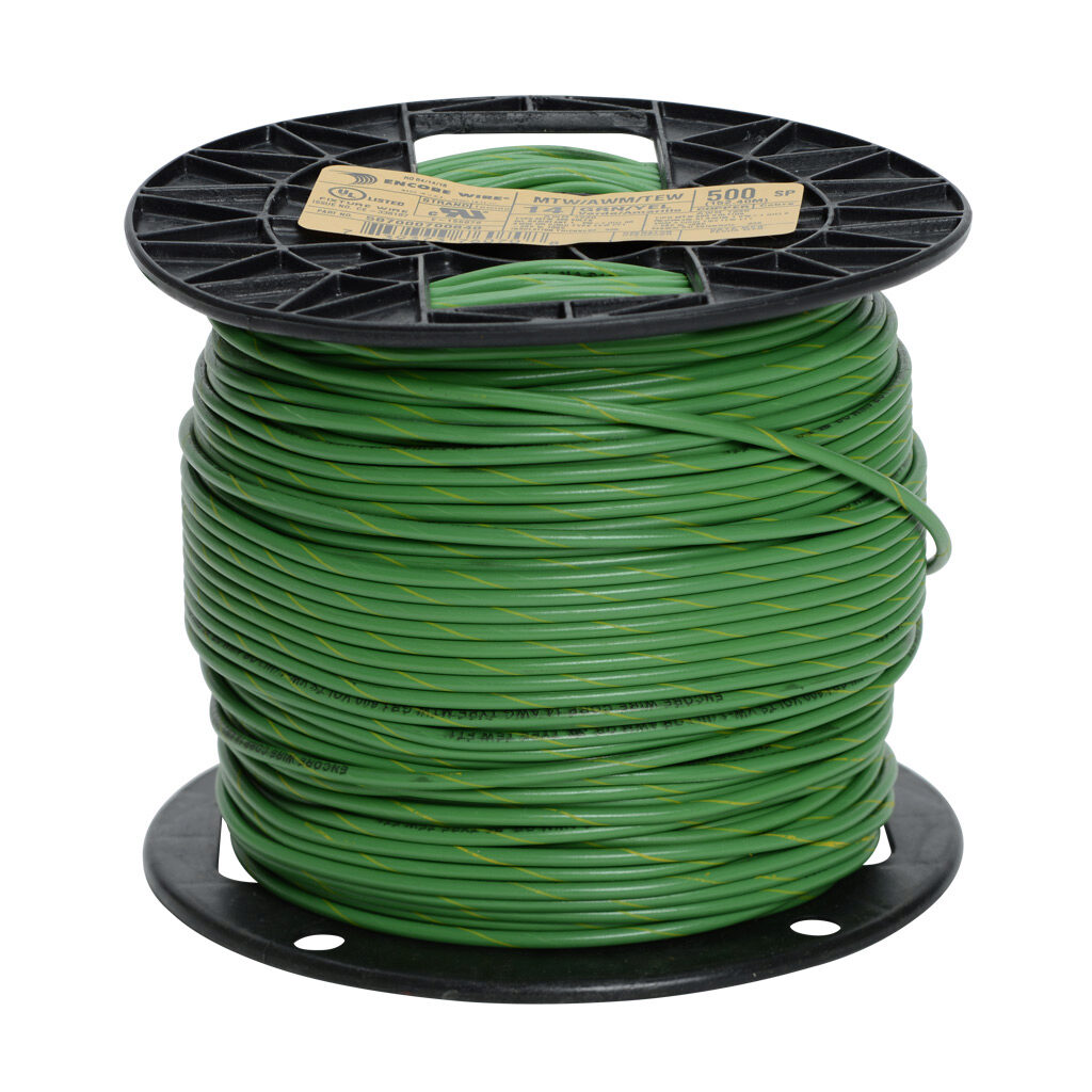 MTW14GYL - Atlas Wire MTW hook-up wire, single conductor, 14 AWG, 41-stranded, bare copper, PVC conductor insulation material, green with yellow stripe, 600V, 500ft spool.