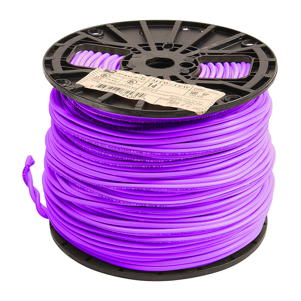 MTW14PL - Atlas Wire MTW hook-up wire, single conductor, 14 AWG, 41-stranded, bare copper, PVC conductor insulation material, purple, 600V, 500ft spool.