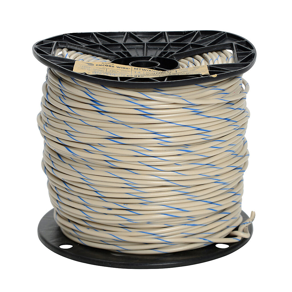 MTW14WB - Atlas Wire MTW hook-up wire, single conductor, 14 AWG, 41-stranded, bare copper, PVC conductor insulation material, white with blue stripe, 600V, 500ft spool.