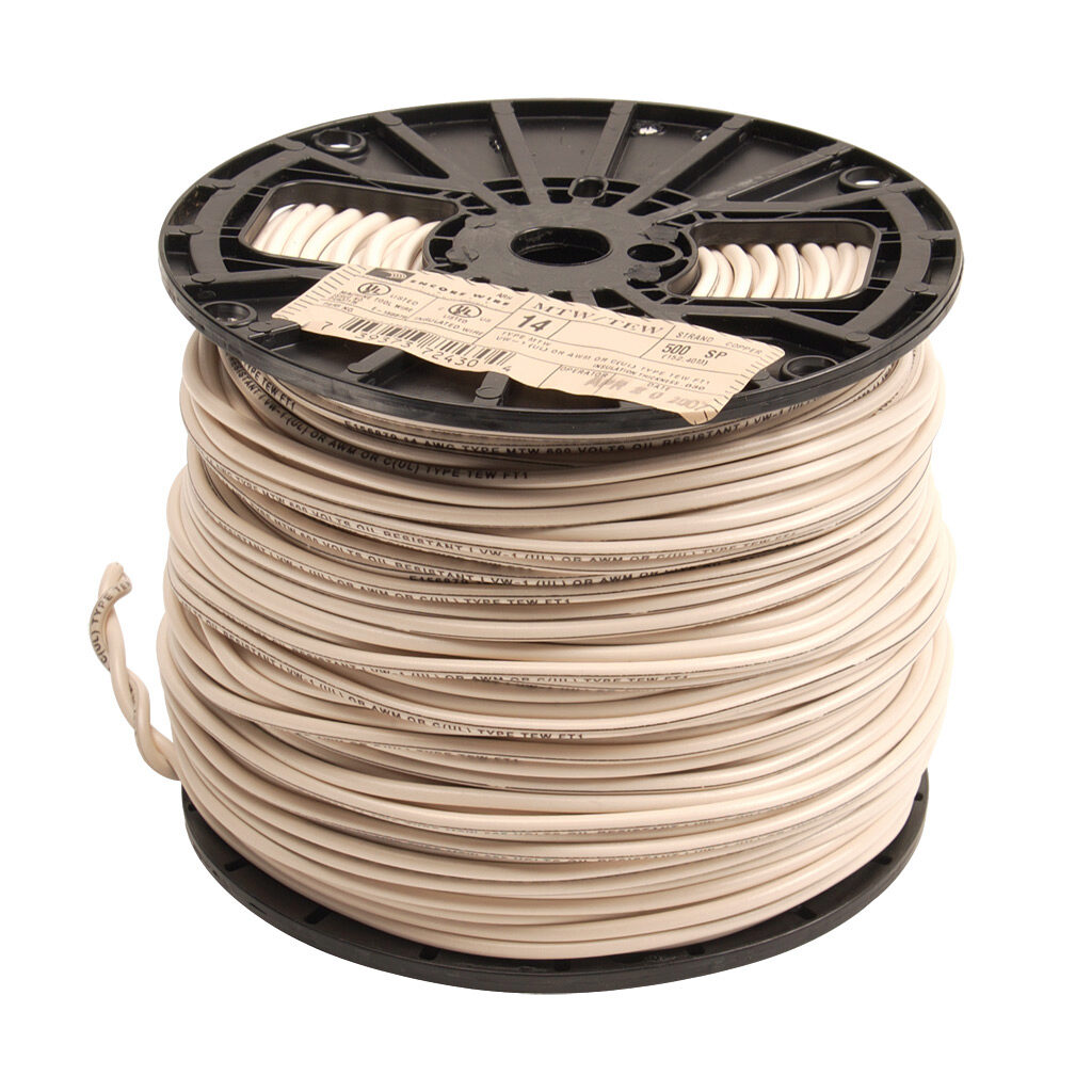 MTW14WH10 - Atlas Wire MTW hook-up wire, single conductor, 14 AWG, 41-stranded, bare copper, PVC conductor insulation material, white, 600V, 1000ft spool.