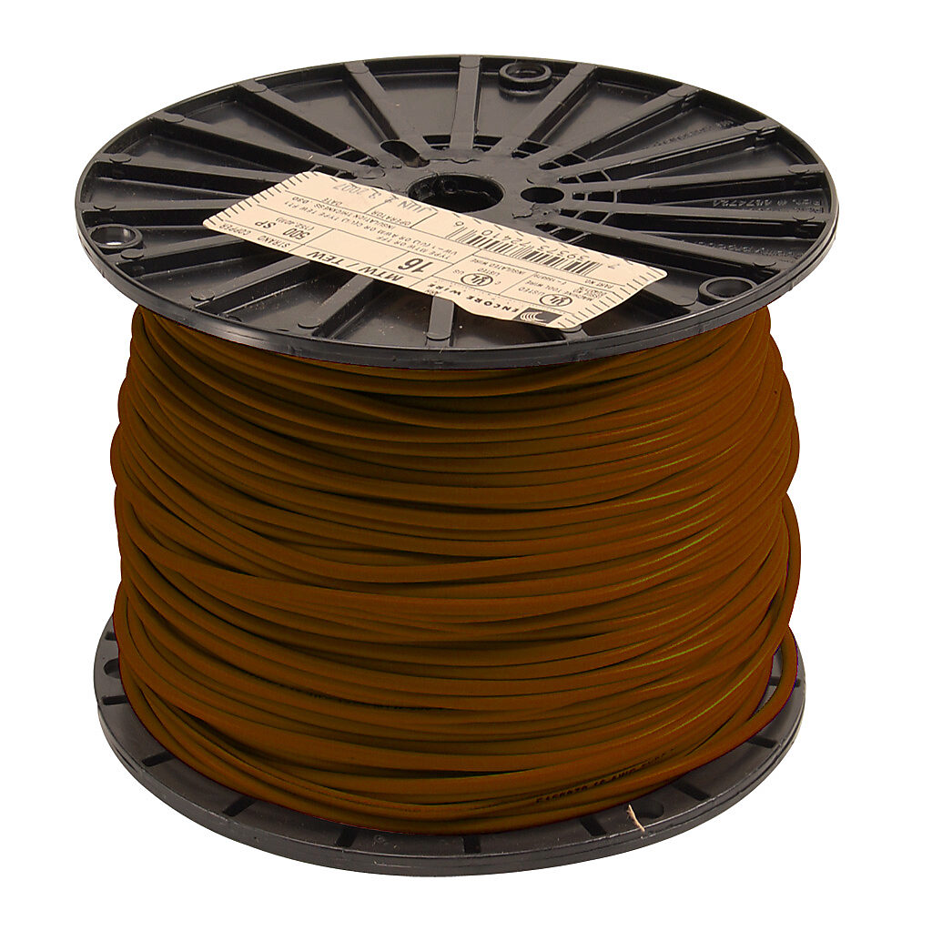 MTW16BN - Atlas Wire MTW hook-up wire, single conductor, 16 AWG, 26-stranded, bare copper, PVC conductor insulation material, brown, 600V, 500ft spool.