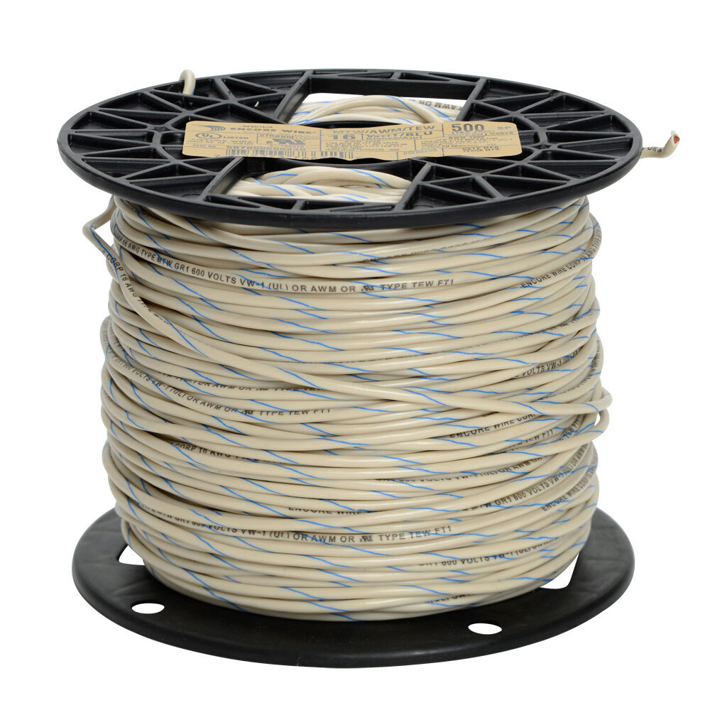 MTW16WB10 - Atlas Wire MTW hook-up wire, single conductor, 16 AWG, 26-stranded, bare copper, PVC conductor insulation material, white with blue stripe, 600V, 1000ft spool.