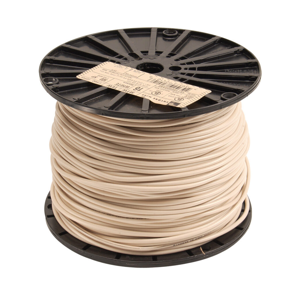 MTW16WH - Atlas Wire MTW hook-up wire, single conductor, 16 AWG, 26-stranded, bare copper, PVC conductor insulation material, white, 600V, 500ft spool.