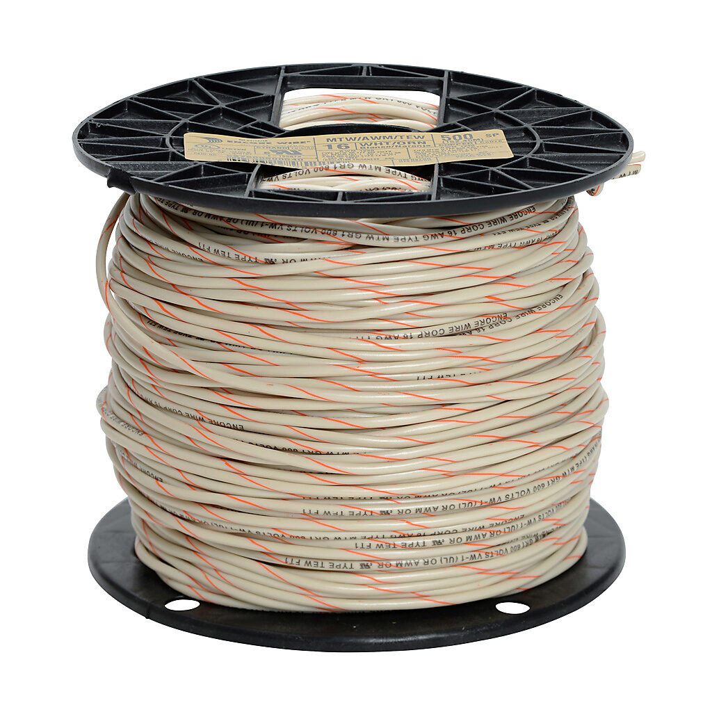 MTW16WO - Atlas Wire MTW hook-up wire, single conductor, 16 AWG, 26-stranded, bare copper, PVC conductor insulation material, white with orange stripe, 600V, 500ft spool.