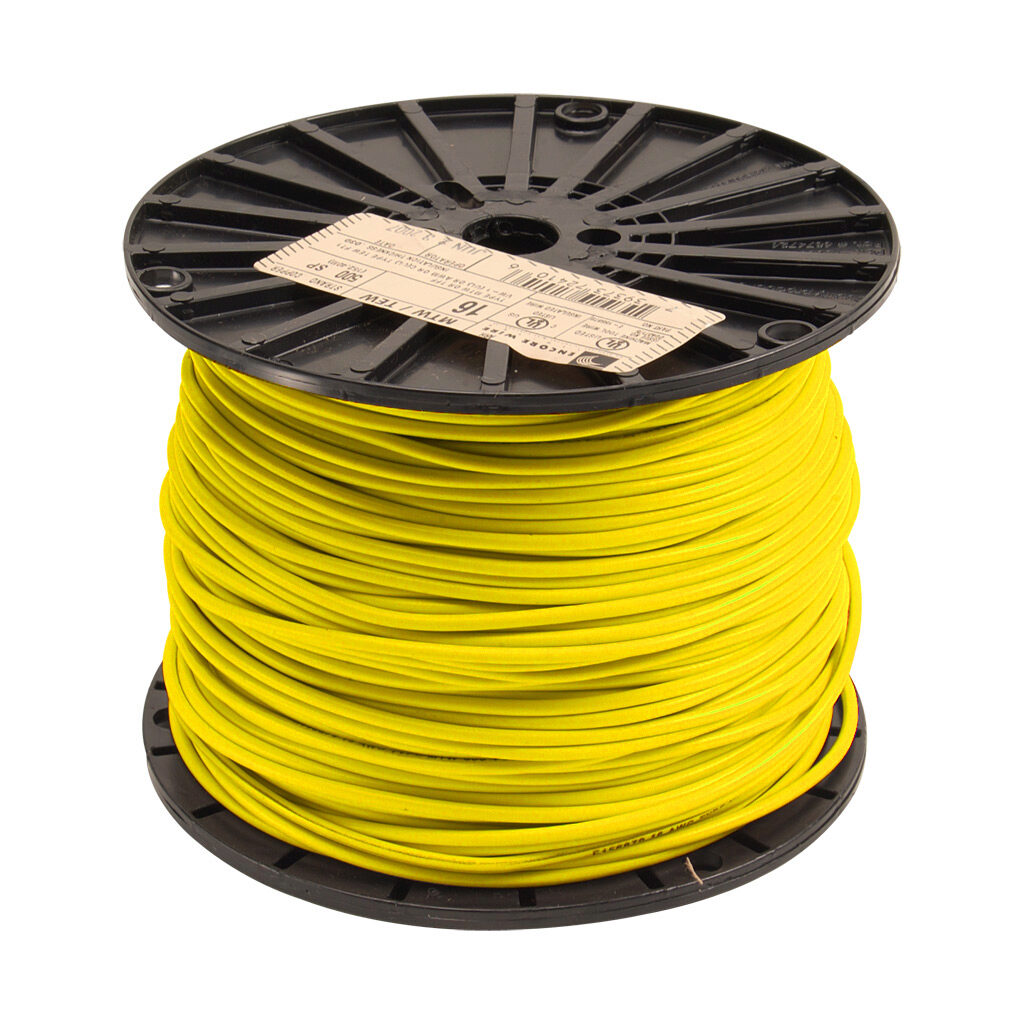 MTW16YL10 - Atlas Wire MTW hook-up wire, single conductor, 16 AWG, 26-stranded, bare copper, PVC conductor insulation material, yellow, 600V, 1000ft spool.