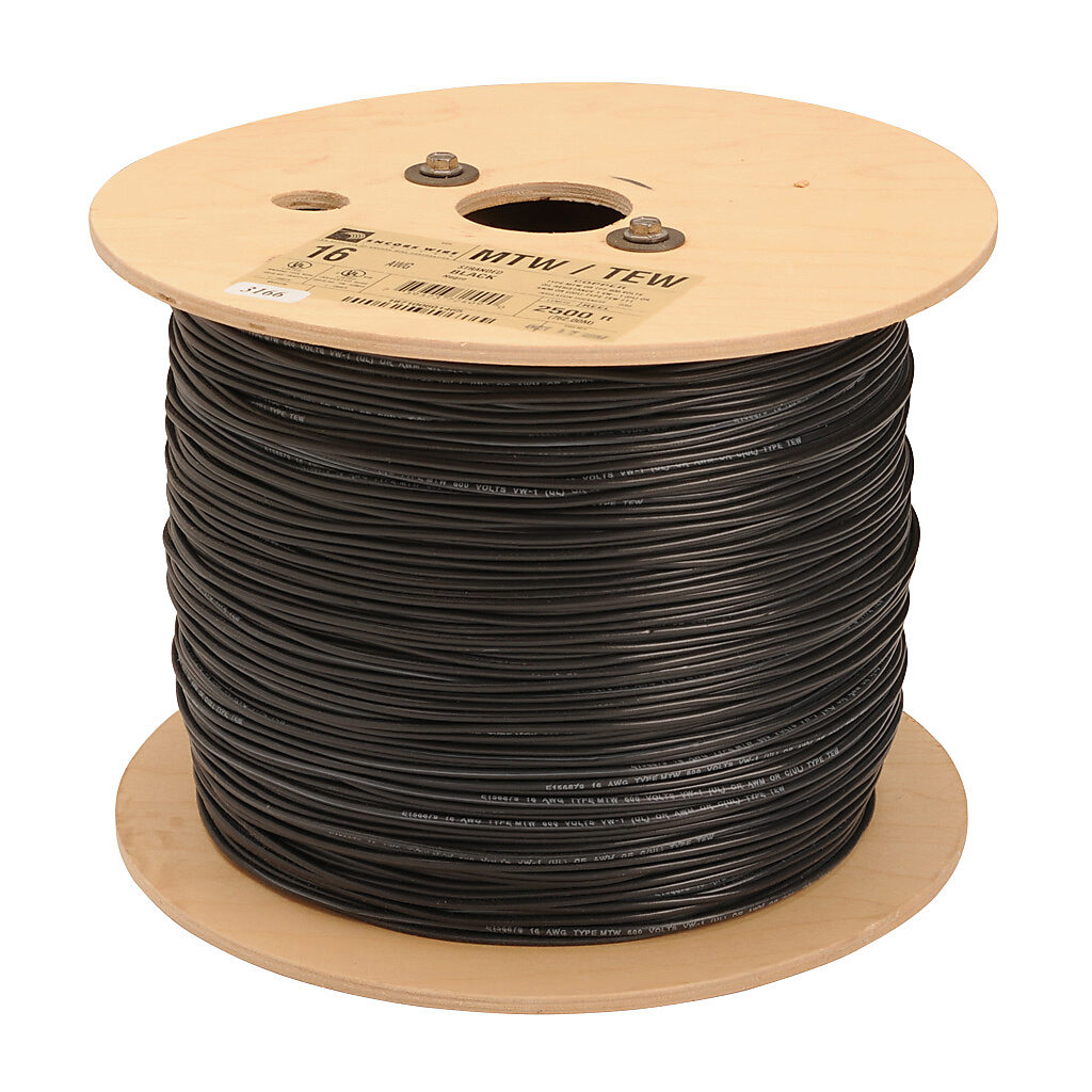 MTW18BK25 - Atlas Wire MTW hook-up wire, single conductor, 18 AWG, 16-stranded, bare copper, PVC conductor insulation material, black, 600V, 2500ft reel.