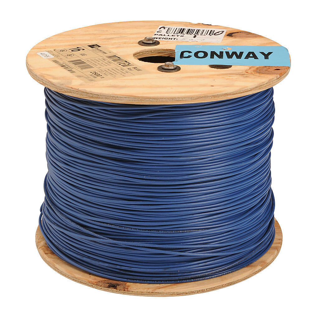 MTW18BL25 - Atlas Wire MTW hook-up wire, single conductor, 18 AWG, 16-stranded, bare copper, PVC conductor insulation material, blue, 600V, 2500ft reel.