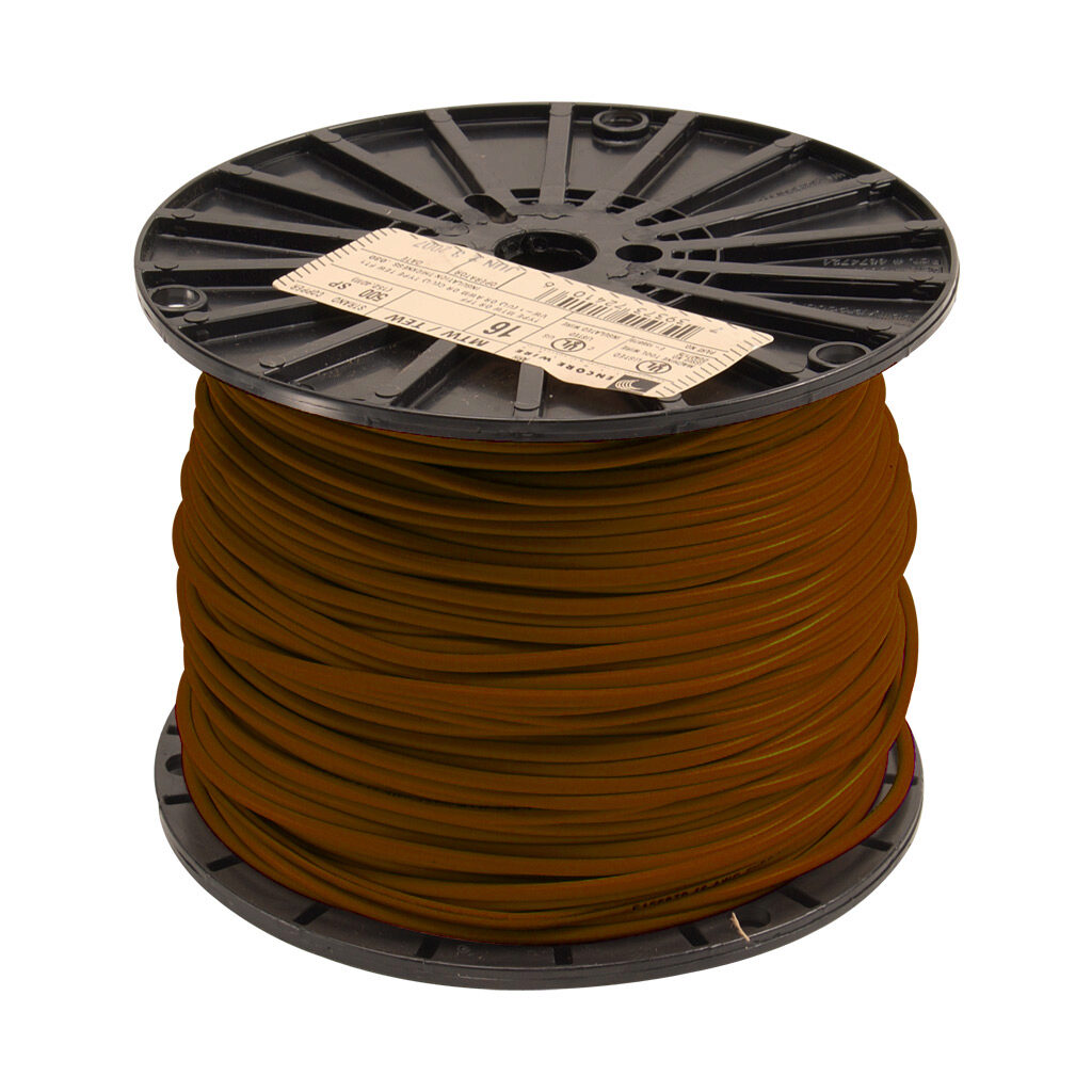MTW18BN10 - Atlas Wire MTW hook-up wire, single conductor, 18 AWG, 16-stranded, bare copper, PVC conductor insulation material, brown, 600V, 1000ft spool.