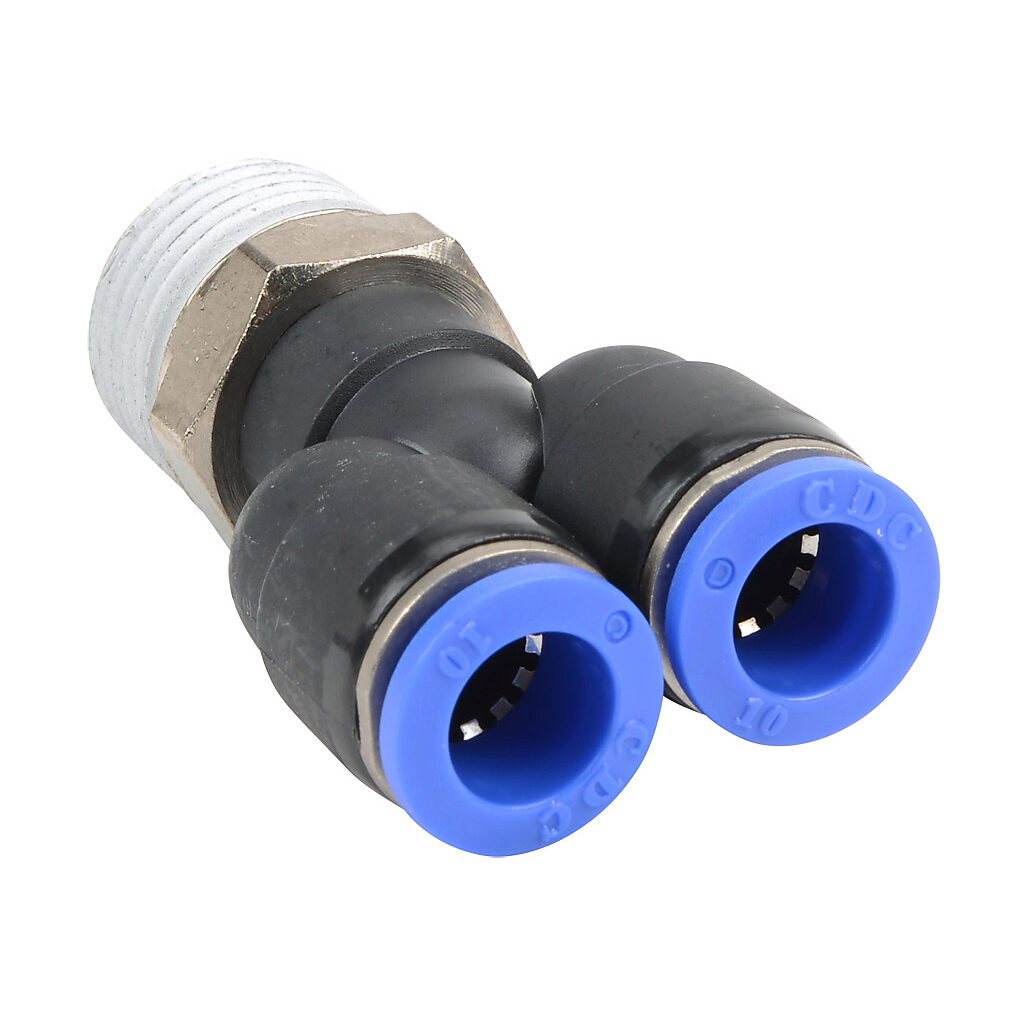 MY10M-12R - NITRA pneumatic push-to-connect fitting, Y, rotating, thermoplastic (PBT) body, nickel-plated brass threads, thread sealant, (1) R1/2 male BSPT to (2) 10mm push-to-connect. Package of 5.