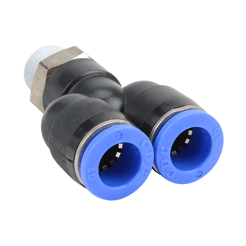 MY10M-14R - NITRA pneumatic push-to-connect fitting, Y, rotating, thermoplastic (PBT) body, nickel-plated brass threads, thread sealant, (1) R1/4 male BSPT to (2) 10mm push-to-connect. Package of 5.