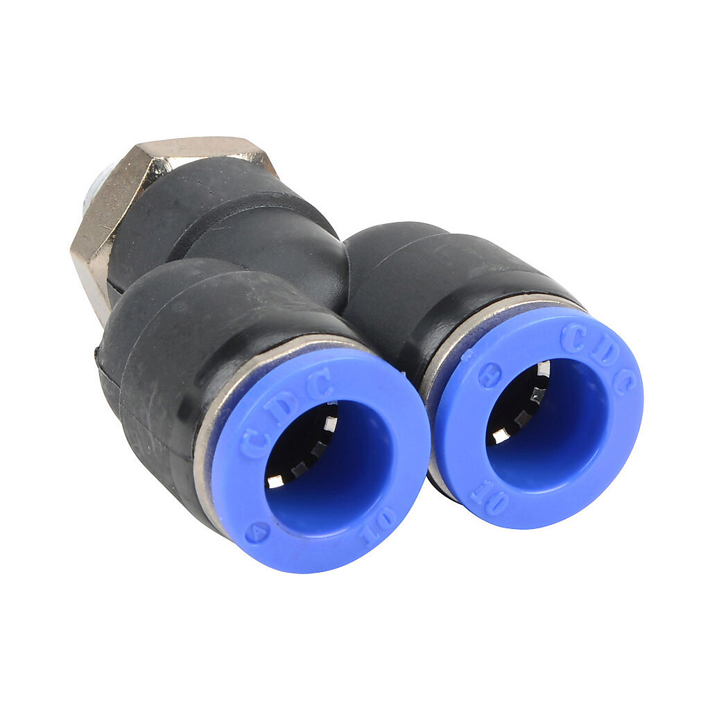 MY10M-18R - NITRA pneumatic push-to-connect fitting, Y, rotating, thermoplastic (PBT) body, nickel-plated brass threads, thread sealant, (1) R1/8 male BSPT to (2) 10mm push-to-connect. Package of 5.