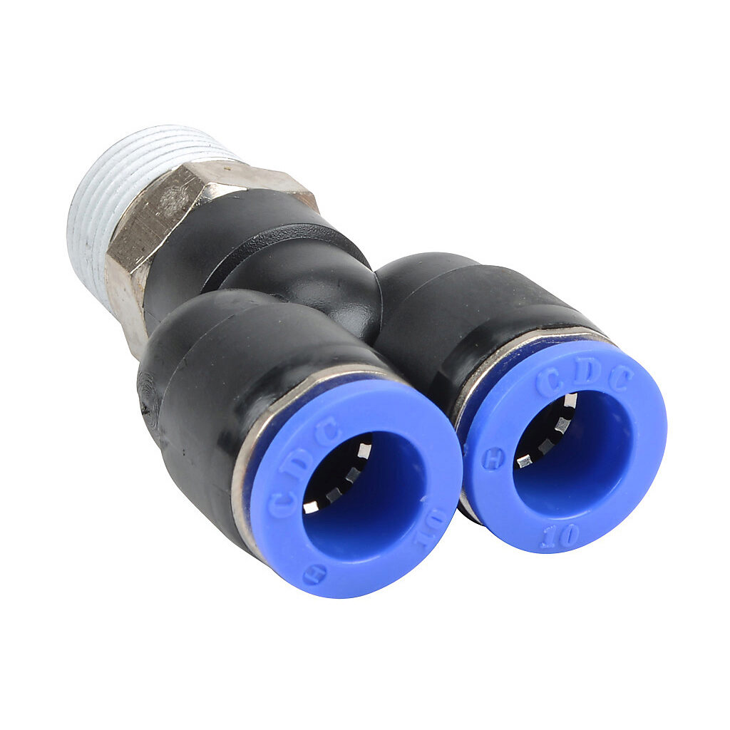 MY10M-38R - NITRA pneumatic push-to-connect fitting, Y, rotating, thermoplastic (PBT) body, nickel-plated brass threads, thread sealant, (1) R3/8 male BSPT to (2) 10mm push-to-connect. Package of 5.
