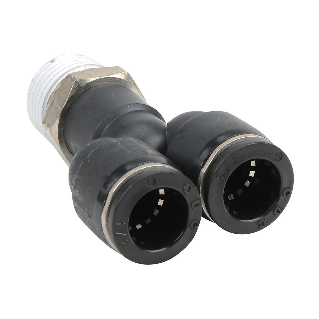 MY12-12N - NITRA pneumatic push-to-connect fitting, Y, rotating, thermoplastic (PBT) body, nickel-plated brass threads, thread sealant, (1) 1/4in male NPT to (2) 1/2in push-to-connect. Package of 5.