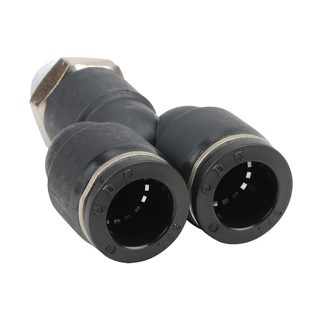MY12-14N - NITRA pneumatic push-to-connect fitting, Y, rotating, thermoplastic (PBT) body, nickel-plated brass threads, thread sealant, (1) 1/8in male NPT to (2) 1/2in push-to-connect. Package of 5.
