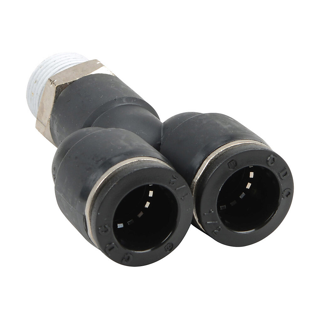MY12-38N - NITRA pneumatic push-to-connect fitting, Y, rotating, thermoplastic (PBT) body, nickel-plated brass threads, thread sealant, (1) 3/8in male NPT to (2) 1/2in push-to-connect. Package of 5.
