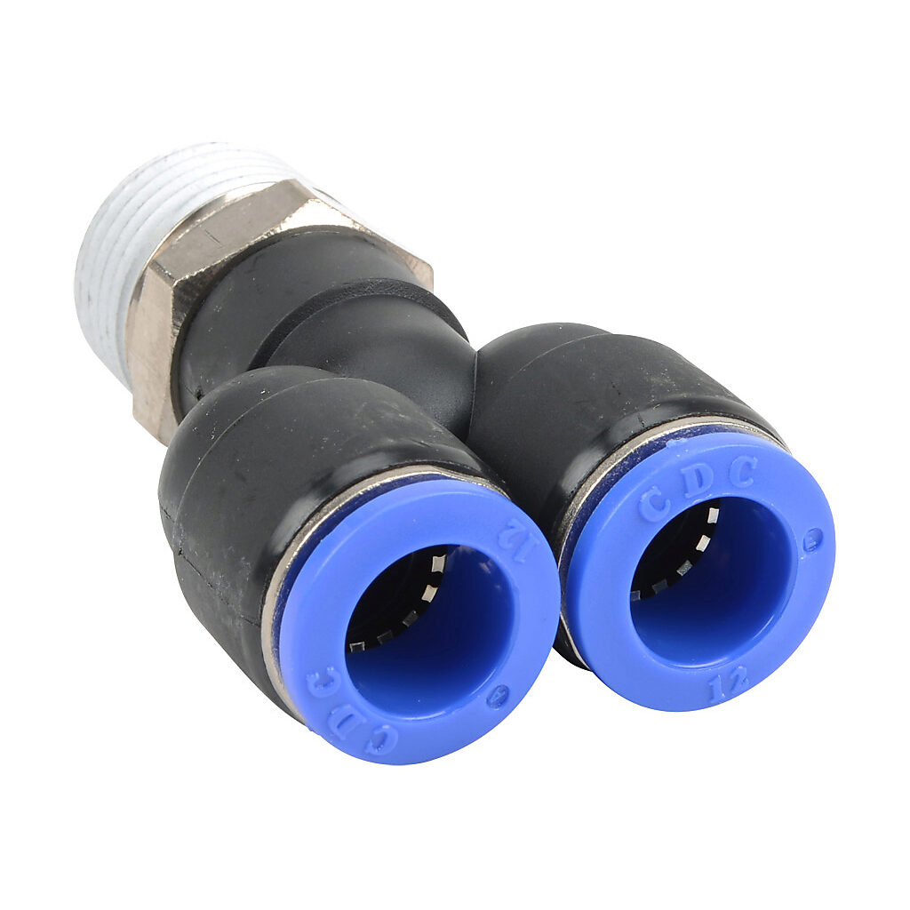 MY12M-12R - NITRA pneumatic push-to-connect fitting, Y, rotating, thermoplastic (PBT) body, nickel-plated brass threads, thread sealant, (1) R1/2 male BSPT to (2) 12mm push-to-connect. Package of 5.