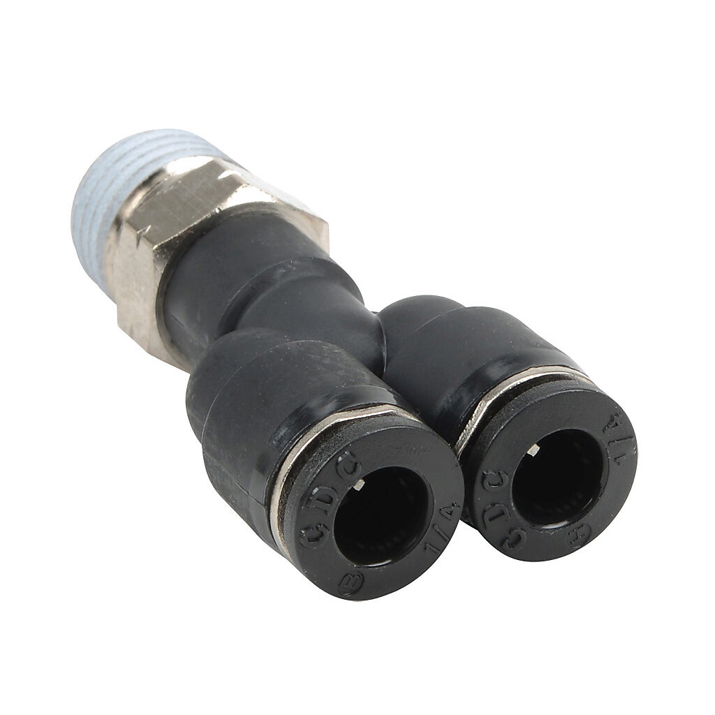 MY14-14N - NITRA pneumatic push-to-connect fitting, Y, rotating, thermoplastic (PBT) body, nickel-plated brass threads, thread sealant, (1) 1/4in male NPT to (2) 1/4in push-to-connect. Package of 5.
