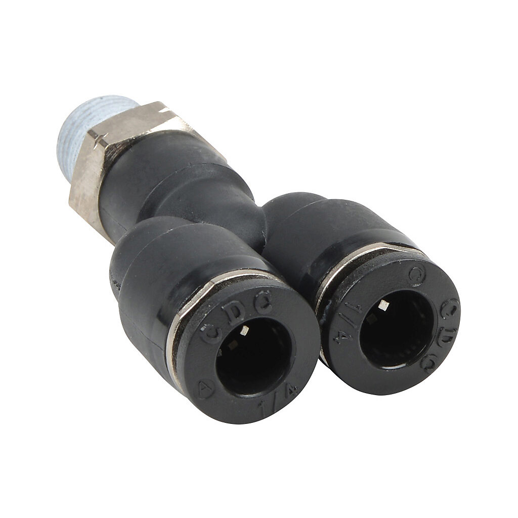 MY14-18N - NITRA pneumatic push-to-connect fitting, Y, rotating, thermoplastic (PBT) body, nickel-plated brass threads, thread sealant, (1) 1/8in male NPT to (2) 1/4in push-to-connect. Package of 5.
