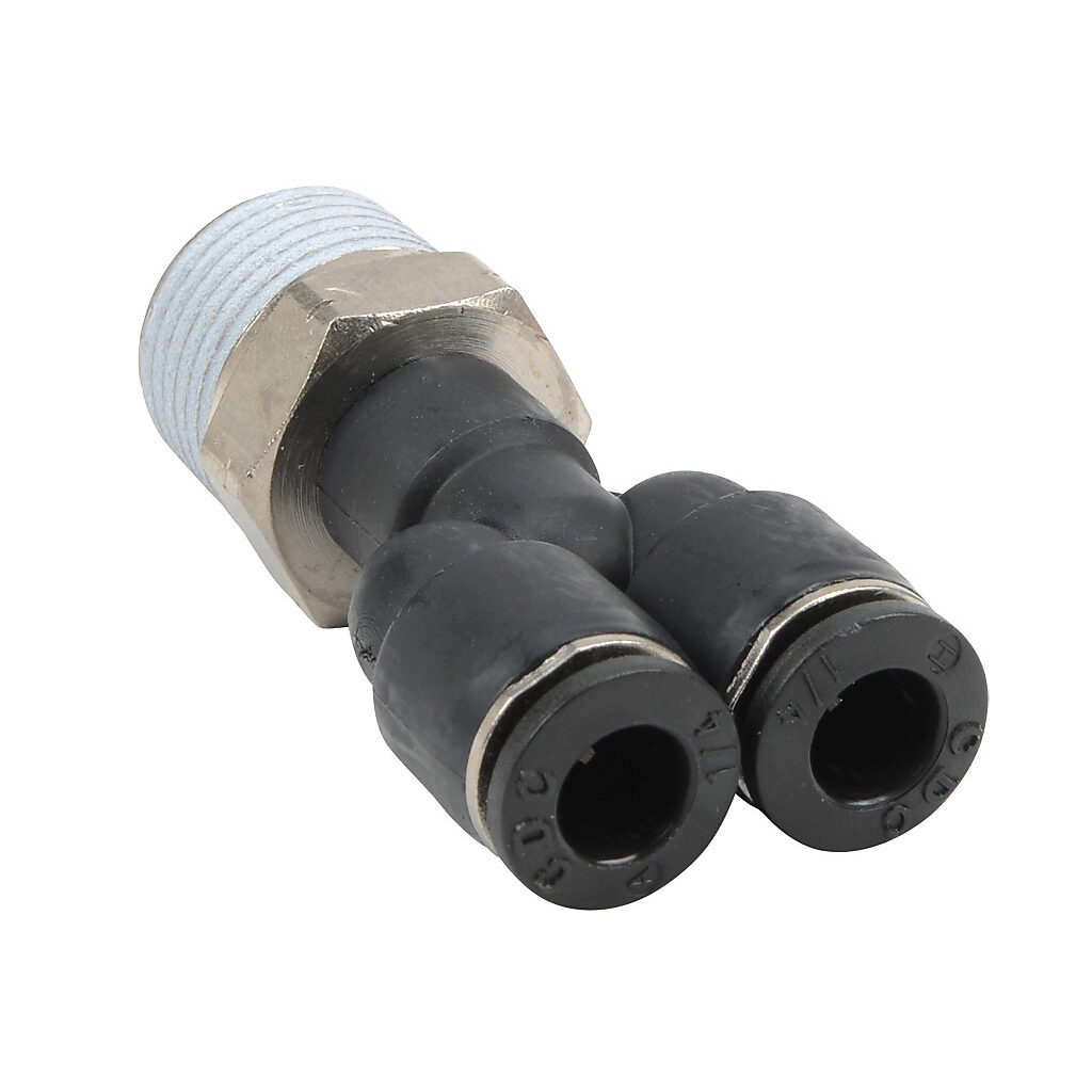 MY14-38N - NITRA pneumatic push-to-connect fitting, Y, rotating, thermoplastic (PBT) body, nickel-plated brass threads, thread sealant, (1) 3/8in male NPT to (2) 1/4in push-to-connect. Package of 5.