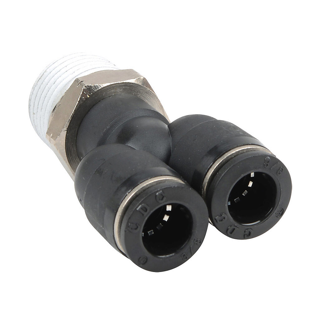 MY38-12N - NITRA pneumatic push-to-connect fitting, Y, rotating, thermoplastic (PBT) body, nickel-plated brass threads, thread sealant, (1) 1/2in male NPT to (2) 3/8in push-to-connect. Package of 5.