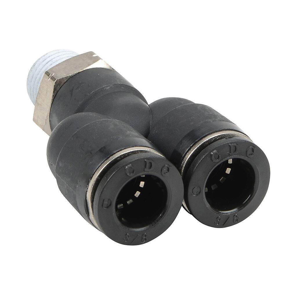 MY38-14N - NITRA pneumatic push-to-connect fitting, Y, rotating, thermoplastic (PBT) body, nickel-plated brass threads, thread sealant, (1) 1/4in male NPT to (2) 3/8in push-to-connect. Package of 5.