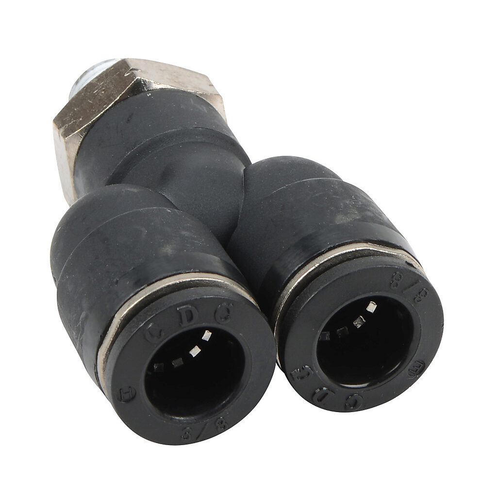 MY38-18N - NITRA pneumatic push-to-connect fitting, Y, rotating, thermoplastic (PBT) body, nickel-plated brass threads, thread sealant, (2) 3/8in push-to-connect to (1) 1/8in male NPT. Package of 5.