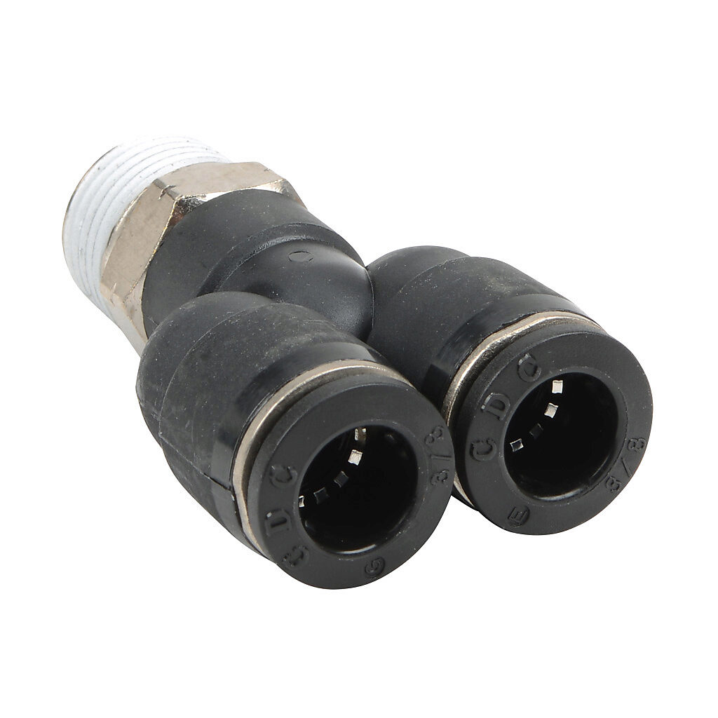 MY38-38N - NITRA pneumatic push-to-connect fitting, Y, rotating, thermoplastic (PBT) body, nickel-plated brass threads, thread sealant, (2) 3/8in push-to-connect to (1) 3/8in male NPT. Package of 5.