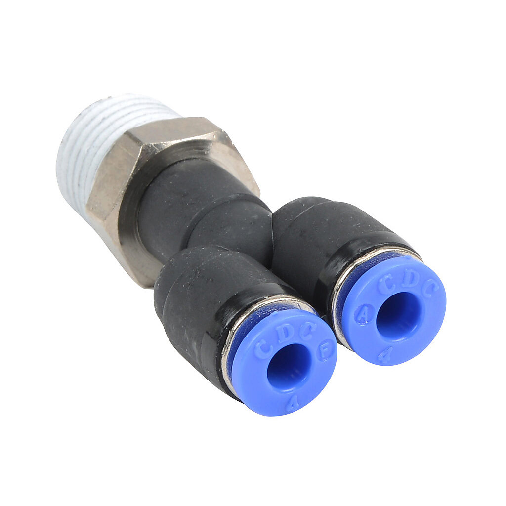 MY4M-14R - NITRA pneumatic push-to-connect fitting, Y, rotating, thermoplastic (PBT) body, nickel-plated brass threads, thread sealant, (1) R1/4 male BSPT to (2) 5/32in (4mm) push-to-connect. Package of 5.