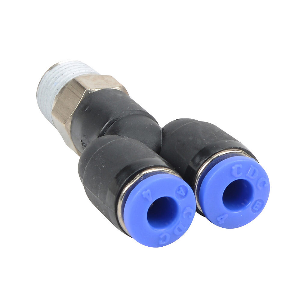MY4M-18R - NITRA pneumatic push-to-connect fitting, Y, rotating, thermoplastic (PBT) body, nickel-plated brass threads, thread sealant, (1) R1/8 male BSPT to (2) 5/32in (4mm) push-to-connect. Package of 5.