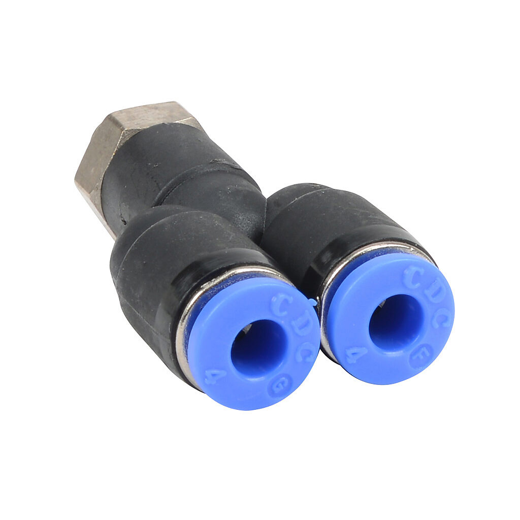 MY4M-M5 - NITRA pneumatic push-to-connect fitting, Y, rotating, thermoplastic (PBT) body, nickel-plated brass threads, Buna-N O-ring seal(s), (1) M5 x 0.8 male ISO to (2) 5/32in (4mm) push-to-connect. Package of 5.