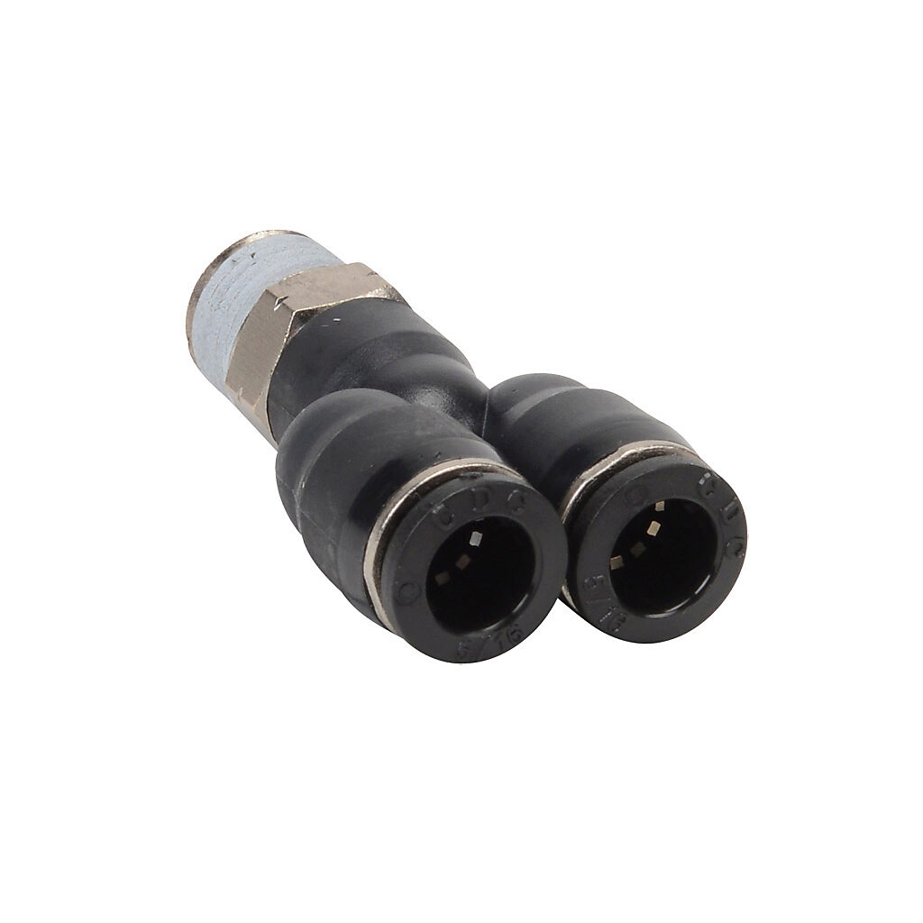 MY516-14N - NITRA pneumatic push-to-connect fitting, Y, rotating, thermoplastic (PBT) body, nickel-plated brass threads, thread sealant, (1) 1/4in male NPT to (2) 5/16in (8mm) push-to-connect. Package of 5.