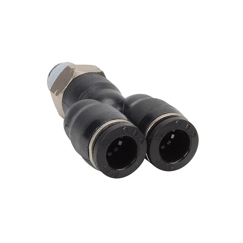 MY516-18N - NITRA pneumatic push-to-connect fitting, Y, rotating, thermoplastic (PBT) body, nickel-plated brass threads, thread sealant, (1) 1/8in male NPT to (2) 5/16in (8mm) push-to-connect. Package of 5.