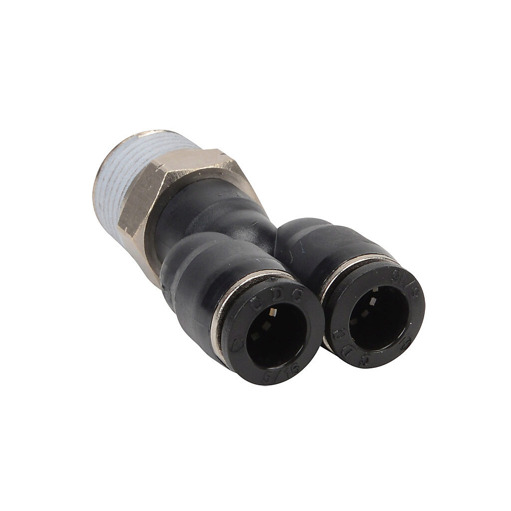 MY516-38N - NITRA pneumatic push-to-connect fitting, Y, rotating, thermoplastic (PBT) body, nickel-plated brass threads, thread sealant, (1) 3/8in male NPT to (2) 5/16in (8mm) push-to-connect. Package of 5.