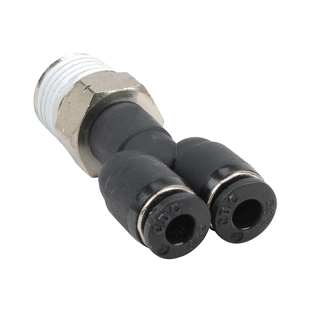 MY532-14N - NITRA pneumatic push-to-connect fitting, Y, rotating, thermoplastic (PBT) body, nickel-plated brass threads, thread sealant, (1) 1/4in male NPT to (2) 5/32in (4mm) push-to-connect. Package of 5.