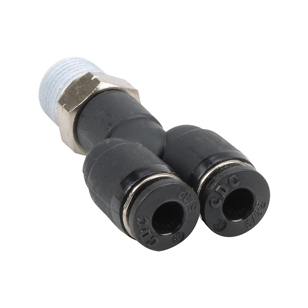 MY532-18N - NITRA pneumatic push-to-connect fitting, Y, rotating, thermoplastic (PBT) body, nickel-plated brass threads, thread sealant, (1) 1/8in male NPT to (2) 5/32in (4mm) push-to-connect. Package of 5.