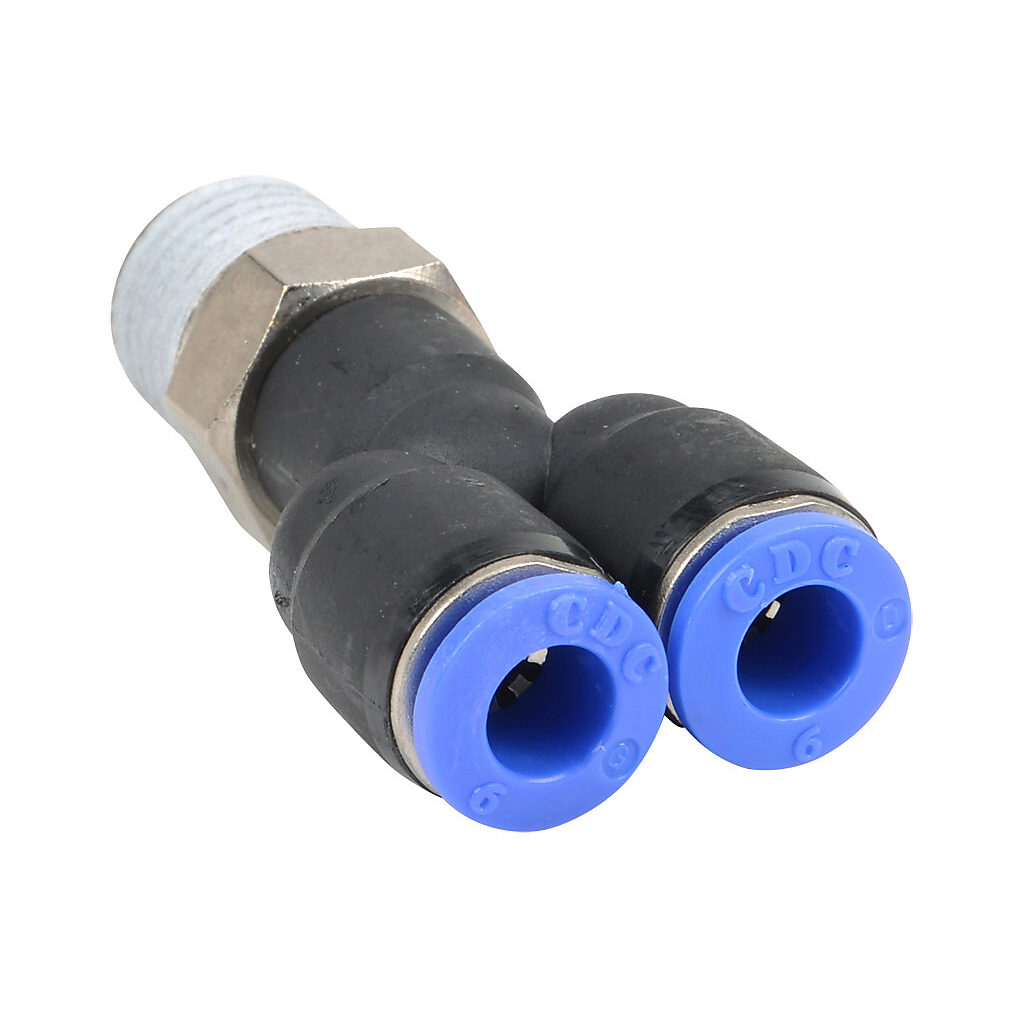 MY6M-14R - NITRA pneumatic push-to-connect fitting, Y, rotating, thermoplastic (PBT) body, nickel-plated brass threads, thread sealant, (1) R1/4 male BSPT to (2) 6mm push-to-connect. Package of 5.