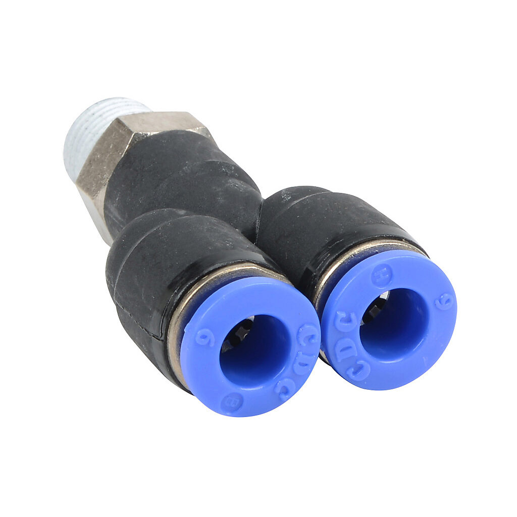 MY6M-18R - NITRA pneumatic push-to-connect fitting, Y, rotating, thermoplastic (PBT) body, nickel-plated brass threads, thread sealant, (1) R1/8 male BSPT to (2) 6mm push-to-connect. Package of 5.