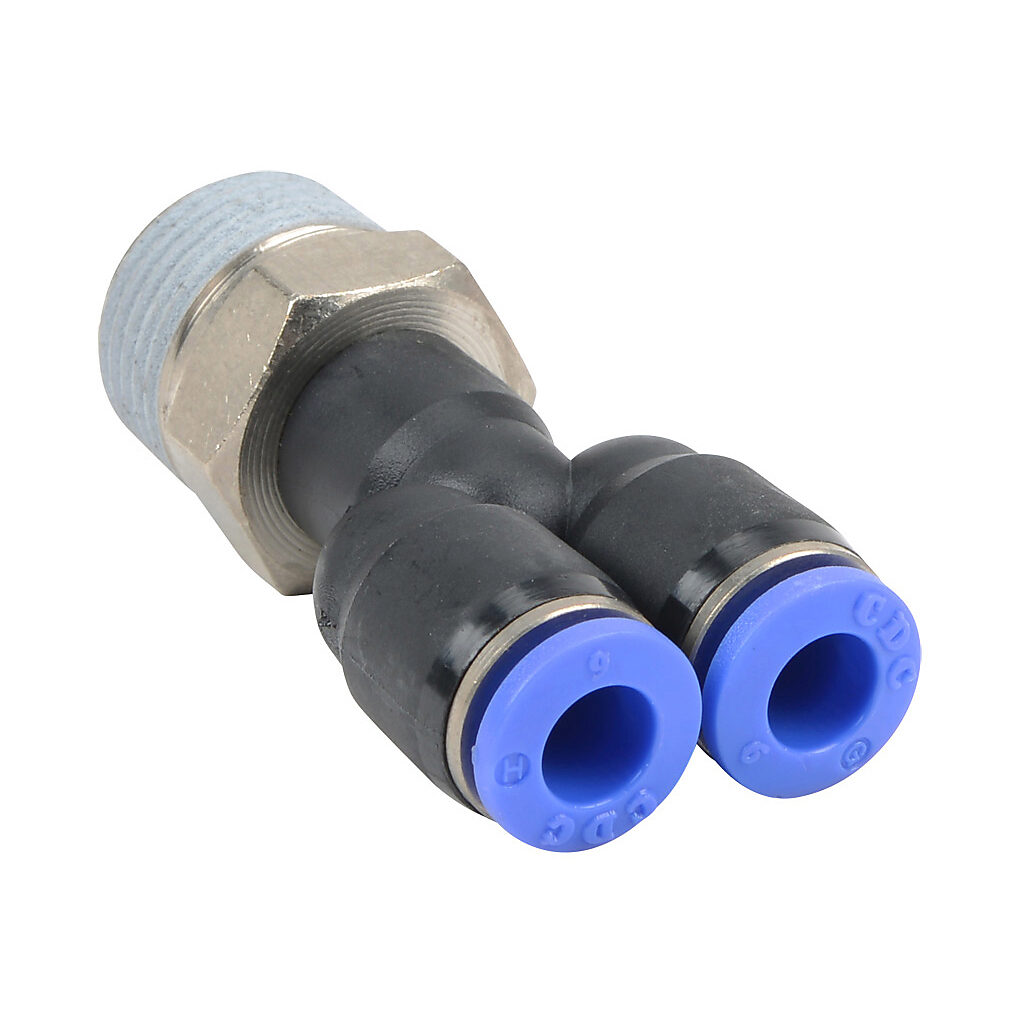 MY6M-38R - NITRA pneumatic push-to-connect fitting, Y, rotating, thermoplastic (PBT) body, nickel-plated brass threads, thread sealant, (1) R3/8 male BSPT to (2) 6mm push-to-connect. Package of 5.
