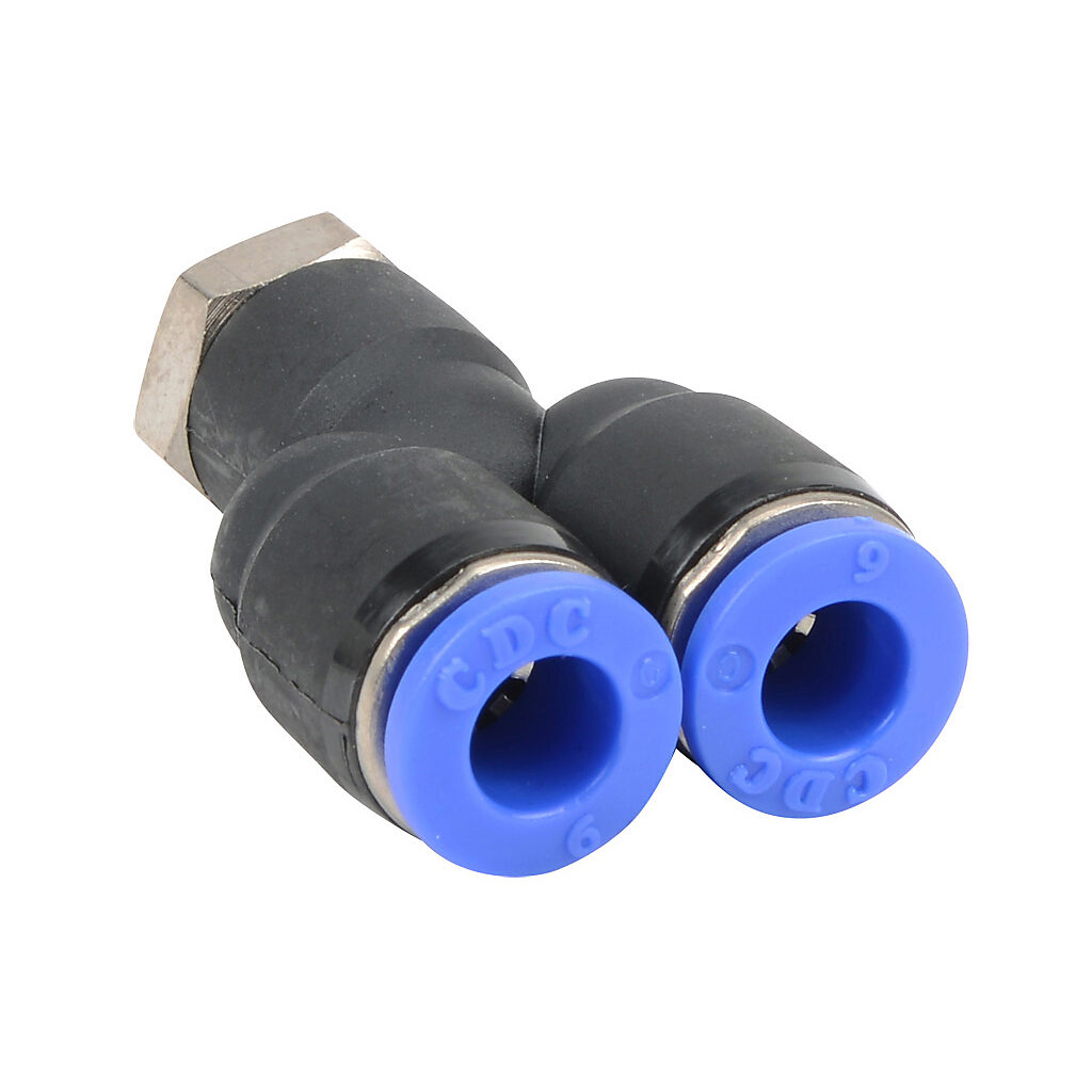 MY6M-M5 - NITRA pneumatic push-to-connect fitting, Y, rotating, thermoplastic (PBT) body, nickel-plated brass threads, Buna-N O-ring seal(s), (1) M5 x 0.8 male ISO to (2) 6mm push-to-connect. Package of 5.