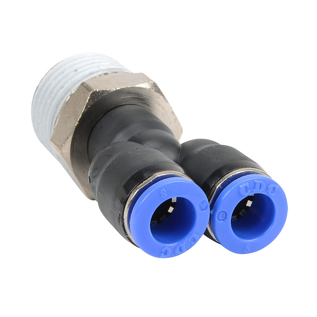 MY8M-12R - NITRA pneumatic push-to-connect fitting, Y, rotating, thermoplastic (PBT) body, nickel-plated brass threads, thread sealant, (1) R1/2 male BSPT to (2) 5/16in (8mm) push-to-connect. Package of 5.