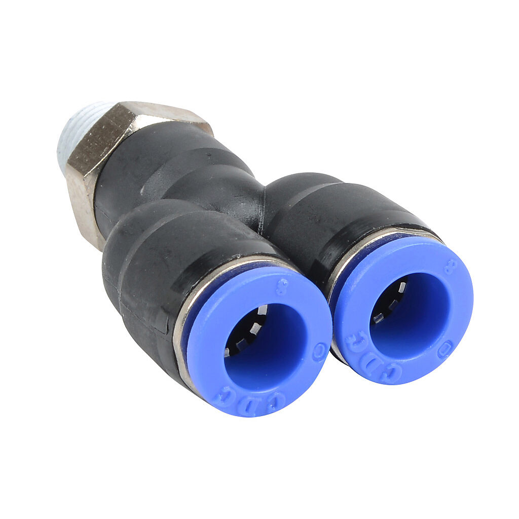 MY8M-18R - NITRA pneumatic push-to-connect fitting, Y, rotating, thermoplastic (PBT) body, nickel-plated brass threads, thread sealant, (1) R1/8 male BSPT to (2) 5/16in (8mm) push-to-connect. Package of 5.