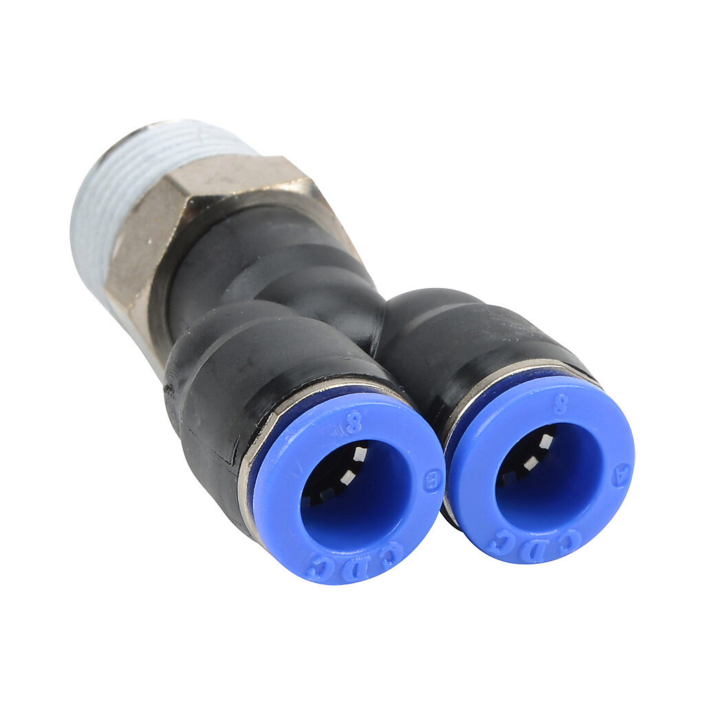 MY8M-38R - NITRA pneumatic push-to-connect fitting, Y, rotating, thermoplastic (PBT) body, nickel-plated brass threads, thread sealant, (1) R3/8 male BSPT to (2) 5/16in (8mm) push-to-connect. Package of 5.