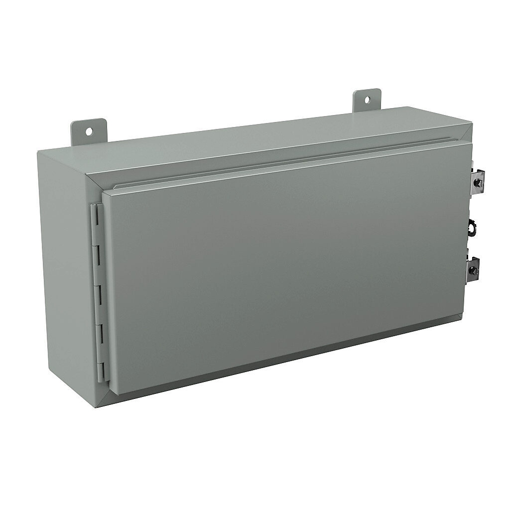 N12122406 - Wiegmann enclosure, NEMA 12/13, 12 x 24 x 6in (HxWxD), wall mount, carbon steel, ANSI 61 gray, powder coat finish, single-door, plated steel clamps, padlock hasp and staple.