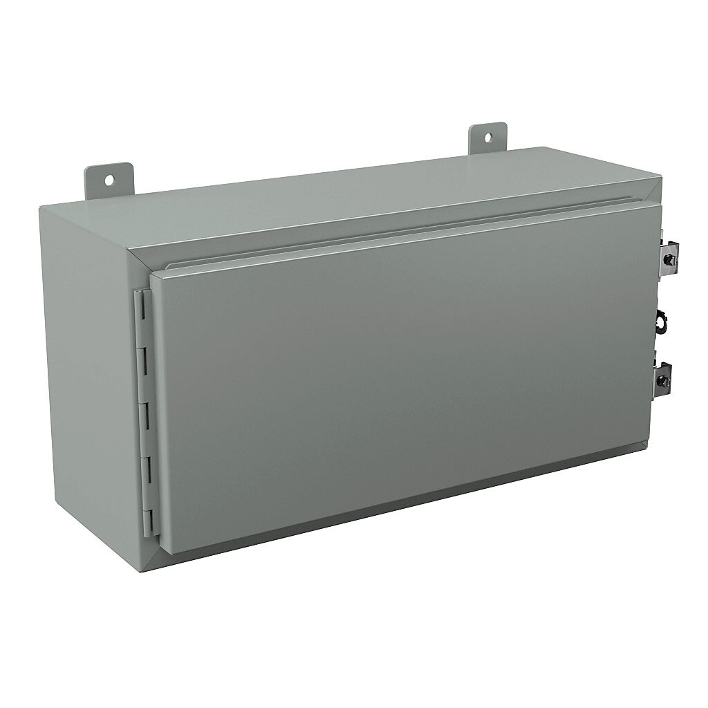 N12122408 - Wiegmann enclosure, NEMA 12/13, 12 x 24 x 8in (HxWxD), wall mount, carbon steel, ANSI 61 gray, powder coat finish, single-door, plated steel clamps, padlock hasp and staple.