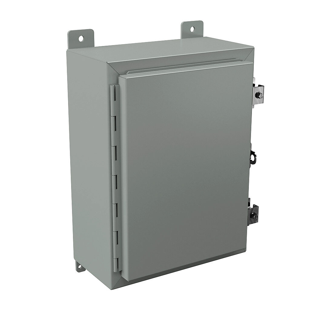 N12161206 - Wiegmann enclosure, NEMA 12/13, 16 x 12 x 6in (HxWxD), wall mount, carbon steel, ANSI 61 gray, powder coat finish, single-door, plated steel clamps, padlock hasp and staple.