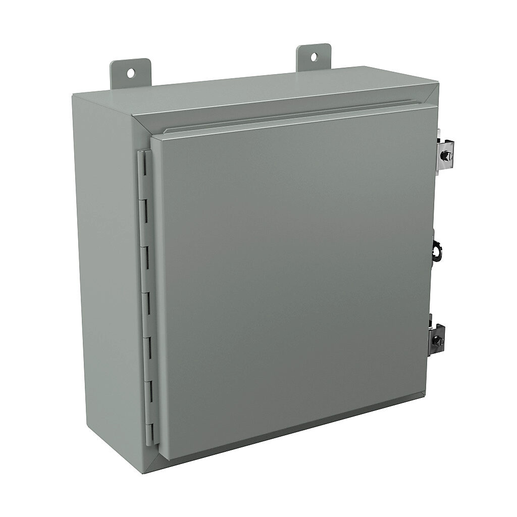 N12161606 - Wiegmann enclosure, NEMA 12/13, 16 x 16 x 6in (HxWxD), wall mount, carbon steel, ANSI 61 gray, powder coat finish, single-door, plated steel clamps, padlock hasp and staple.